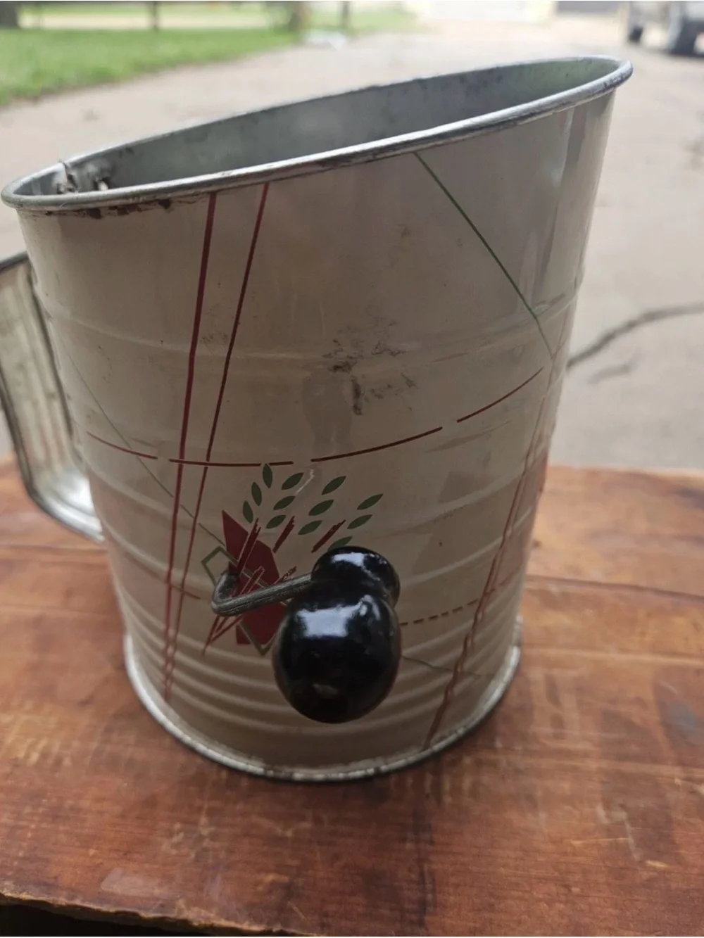 Vintage White Tin Hand Crank Flour Sifter with Red Green Design